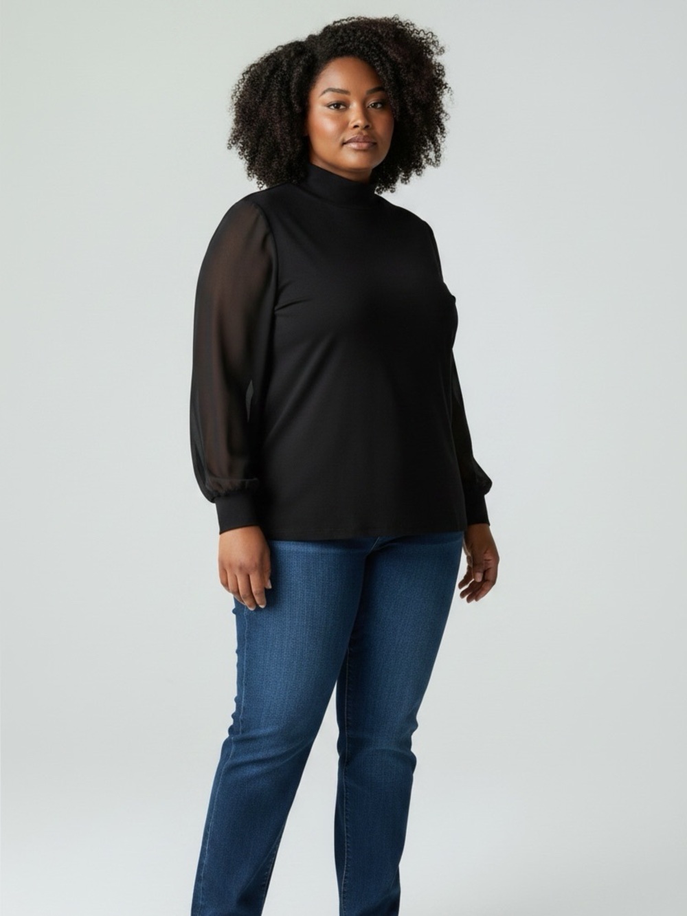 Additonelle Black Turtleneck Sweater with Sheer Sleeves Sz 2X